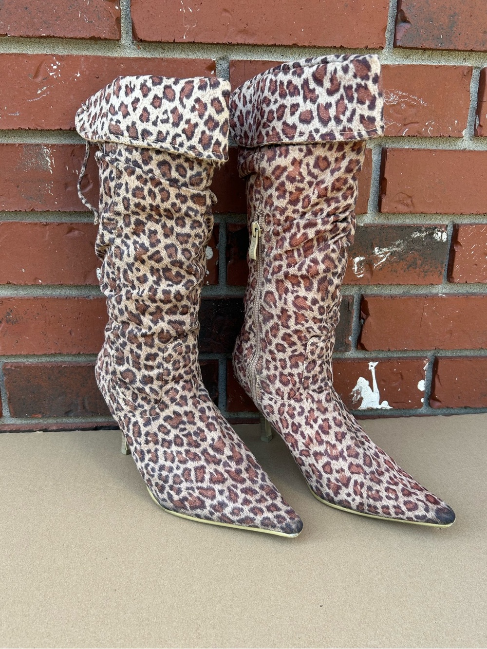 Carrini Collection Slouchy Leopard Print Boots Stiletto Heels Sz 9 Brown Women’s